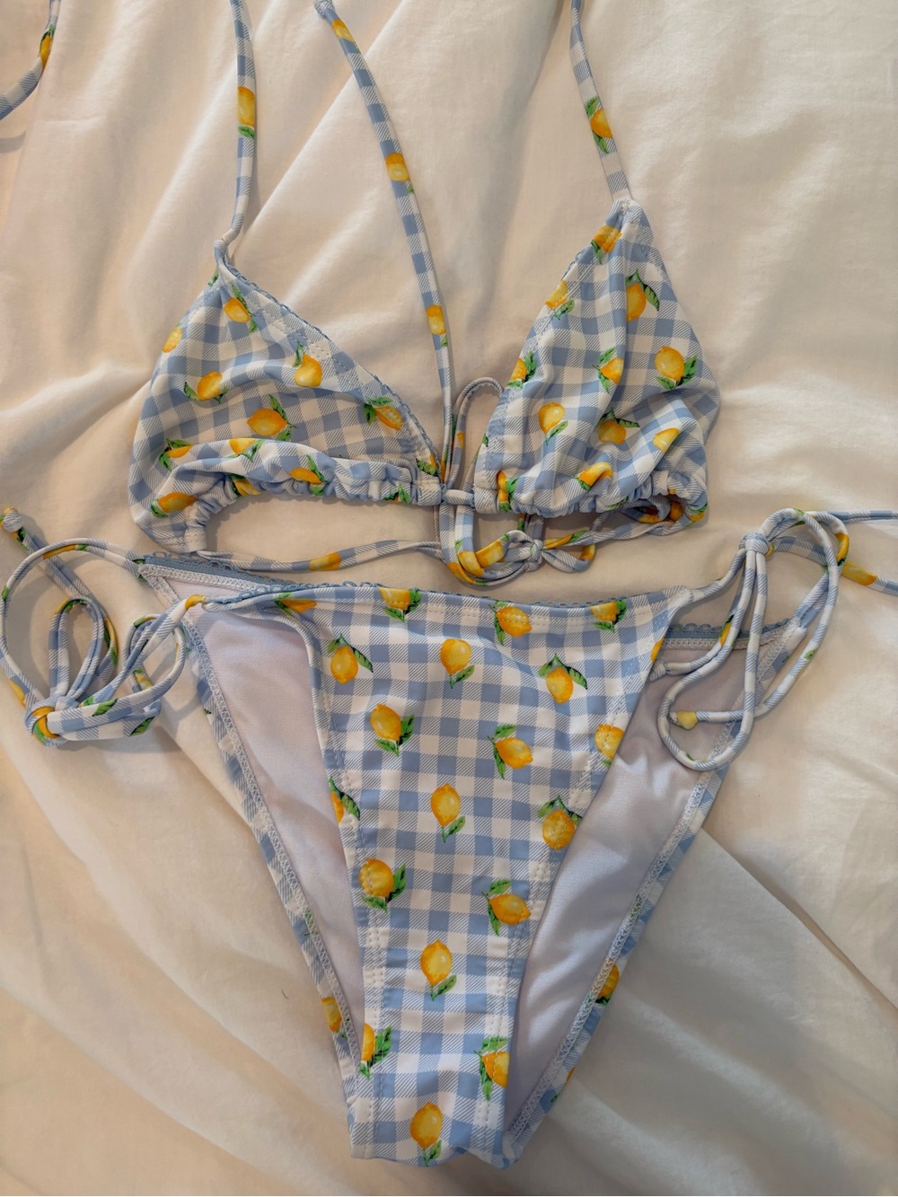 Betty Jade Blue Gingham Lemon Print Bikini Top and Bottom Set